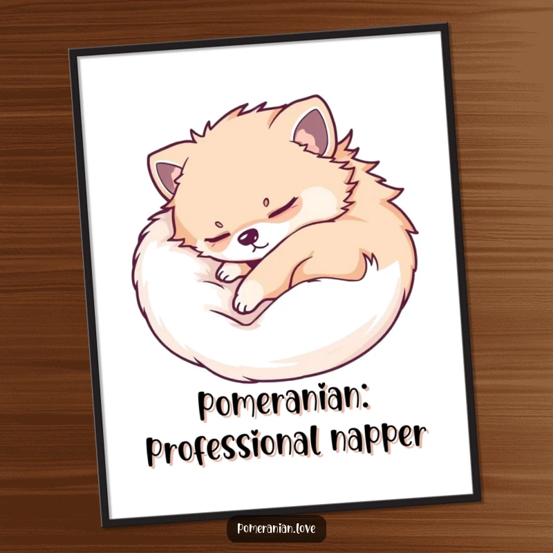 Funny Free Printable Wall Art: A fluffy Pomeranian dog sleeping soundly, curled up in a ball, radiating peace and quiet.