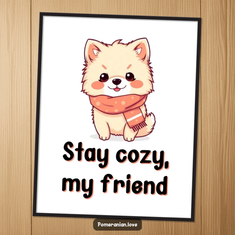 Funny Free Printable Wall Art: Cozy Pomeranian wearing a tiny scarf, content dog chilling, cute decor download