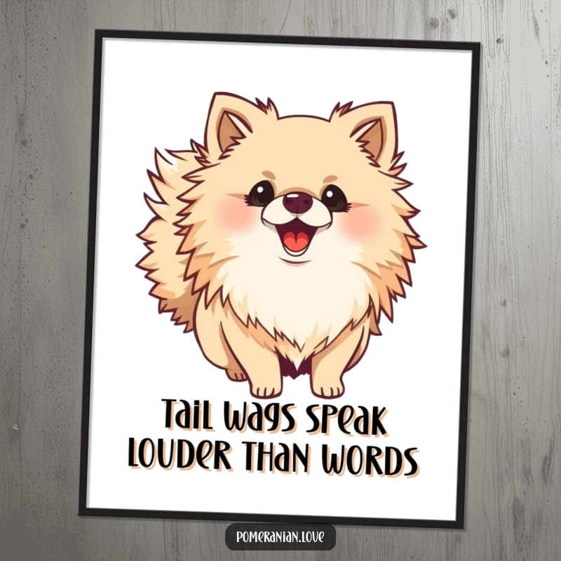 Funny Free Printable Wall Art: Energetic Pomeranian with a bushy tail wagging, a vibrant and cheerful piece.