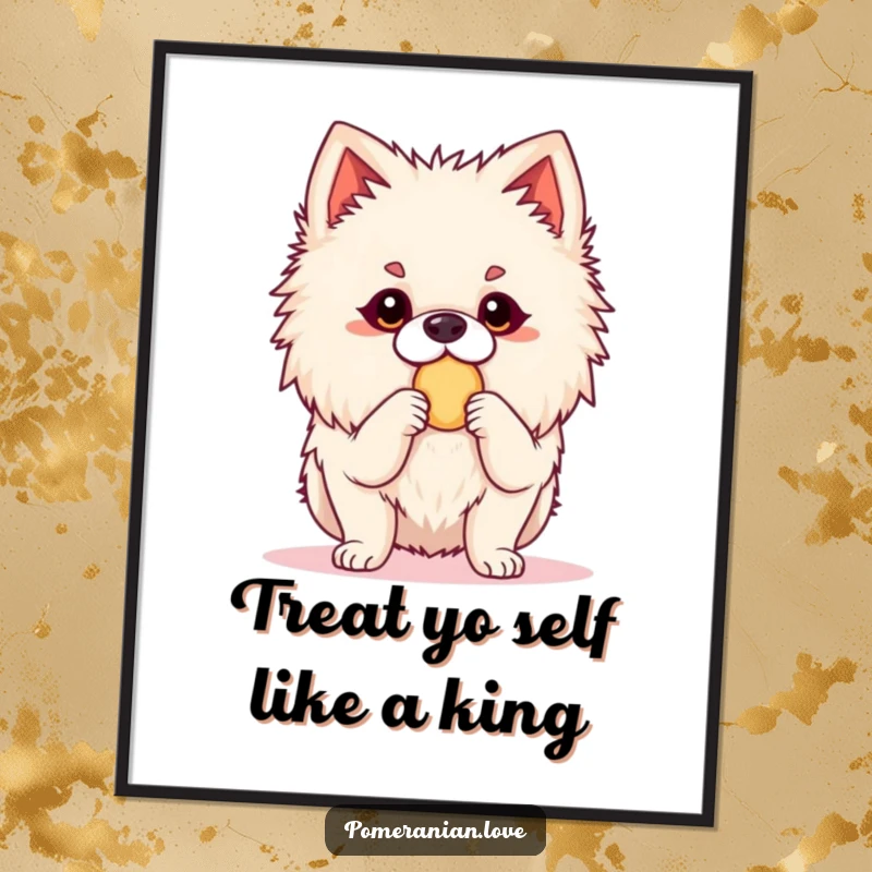 Funny Free Printable Wall Art: A Pomeranian dog stands alert and ready, clearly focused on the promise of a delicious treat.
