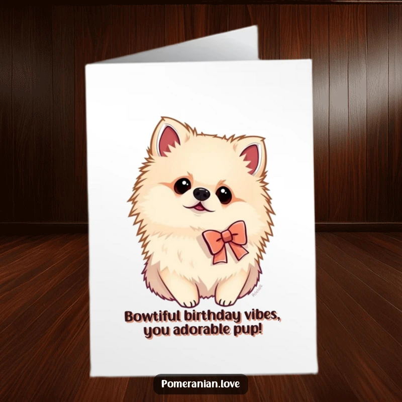 Funny Free Printable Birthday Card: Adorable Pomeranian wearing a tiny bow, tilting its head curiously with charm.