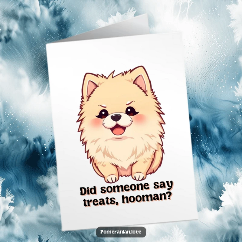 Funny Free Printable Birthday Card featuring a joyful Pomeranian with ears perked, listening intently and happily.