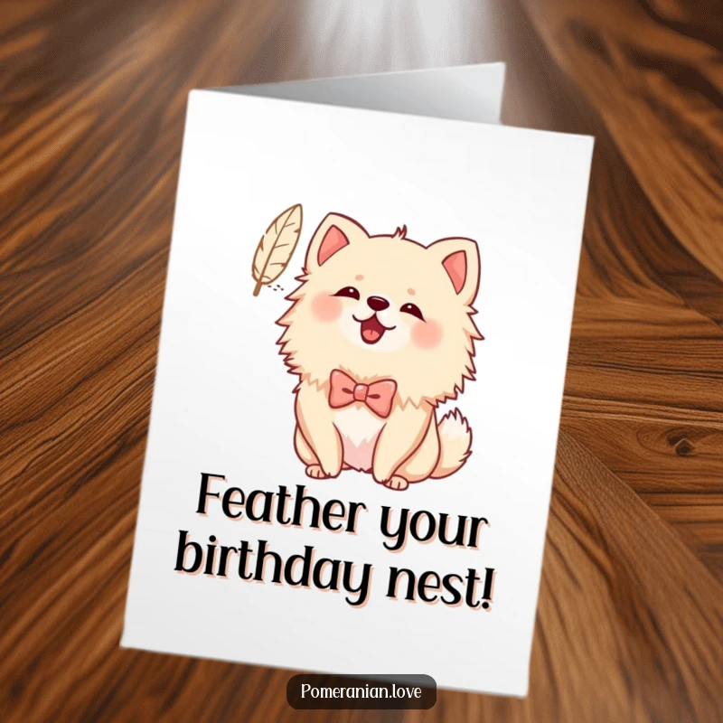Funny Free Printable Birthday Card: A Pomeranian in a small bow cheerfully barks at a tiny floating feather.