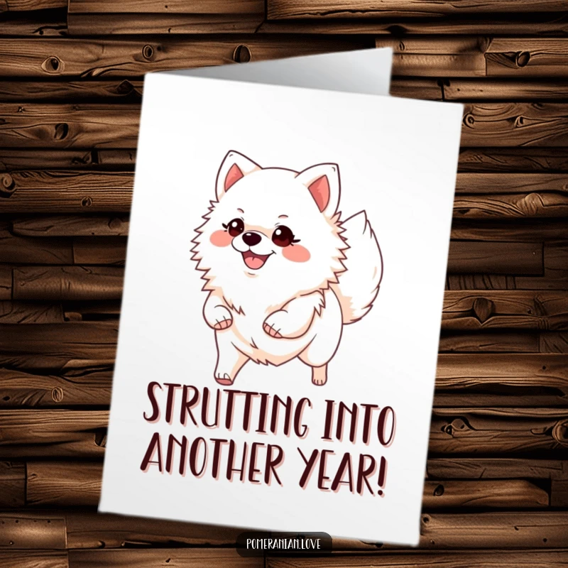 Funny Free Printable Birthday Card: A smiling Pomeranian trots confidently, tail held high, radiating pure happiness.