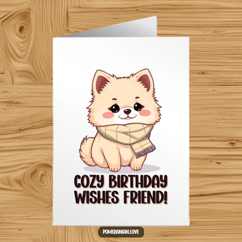 Funny Free Printable Birthday Card: A cute Pomeranian wearing a small scarf, looking warm and content.