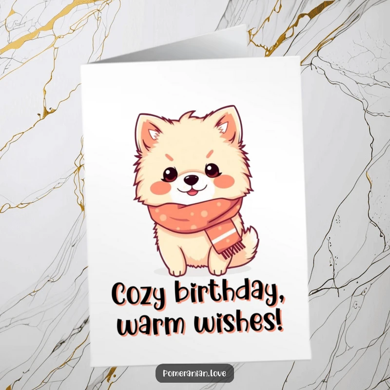 Funny Free Printable Birthday Card: Cozy Pomeranian wearing a tiny scarf, content dog greeting, winter theme