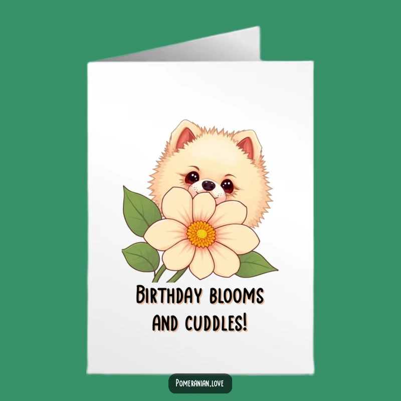 Free Printable Birthday Card: Curious Pomeranian Peeking - Downloadable Floral Surprise