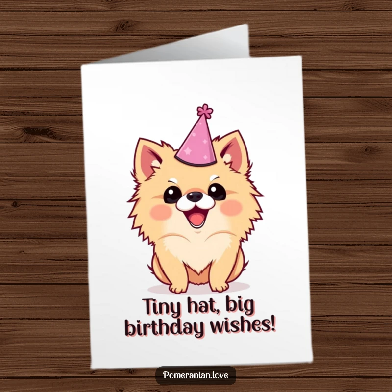 Funny Free Printable Birthday Card: Excited Pomeranian in a party hat wagging its tail furiously, ready for celebrations.