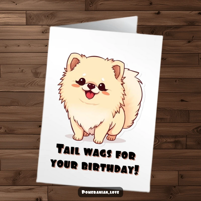Funny Free Printable Birthday Card: Adorable Pomeranian dog joyfully wagging its fluffy tail, sending birthday wishes with pure excitement.