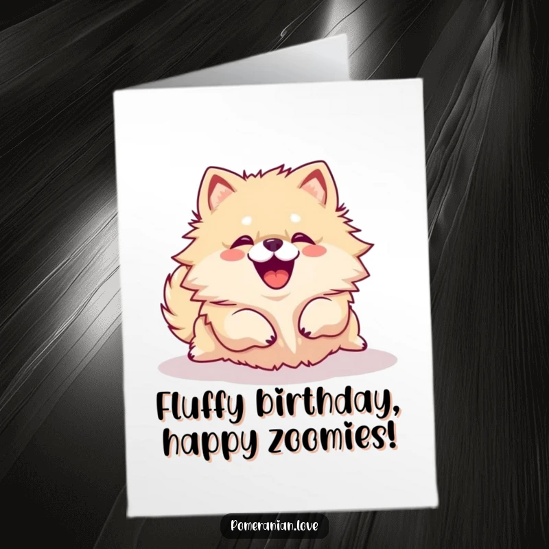 Funny Free Printable Birthday Card: Yipping Pomeranian rolling over in pure joy, perfect for dog lovers.