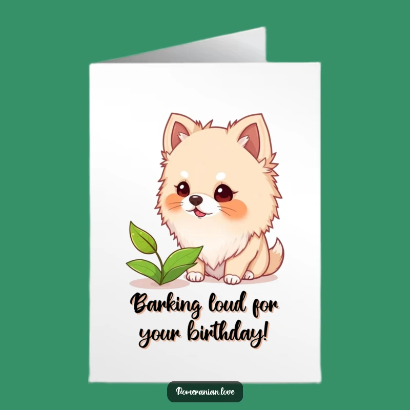 Free Printable Birthday Card: Pomeranian Barks at Leaf! Funny Downloadable Gift