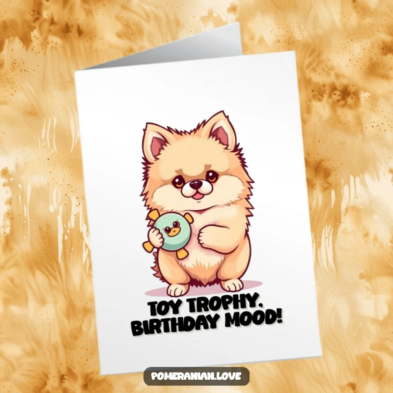Funny Free Printable Birthday Card: A proud Pomeranian dog standing tall, holding a bright squeaky toy.