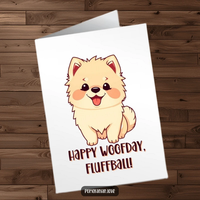 Funny Free Printable Birthday Card: A fluffy Pomeranian with a wide happy pant smiles, its tail wagging furiously.