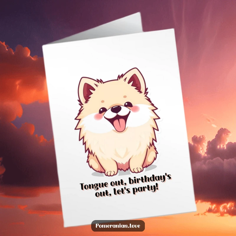 Funny Free Printable Birthday Card of a happy Pomeranian with its tongue playfully sticking out, full of zest.