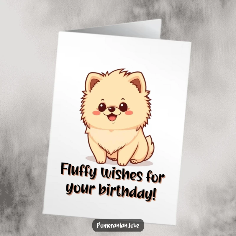 Funny Free Printable Birthday Card featuring a happy Pomeranian dog with a fluffy mane, looking cheerfully ahead.
