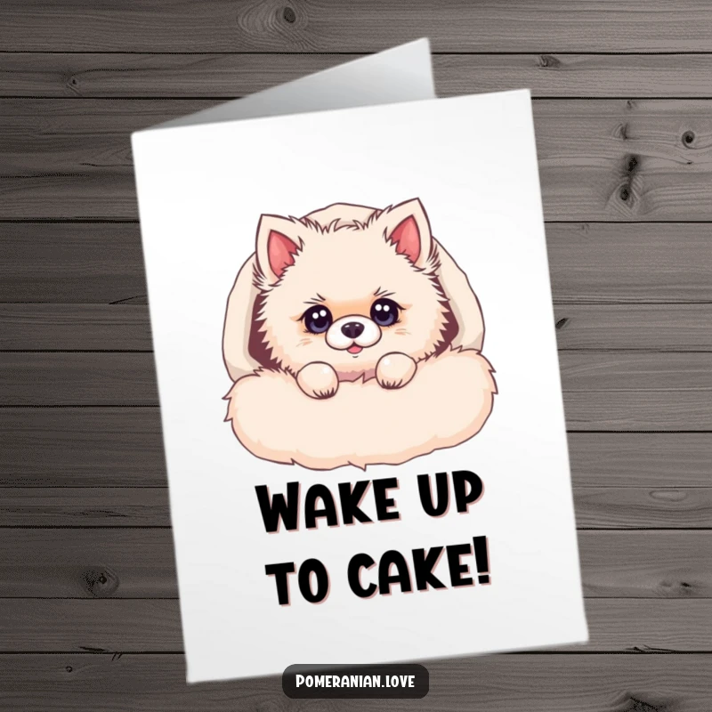 Funny Free Printable Birthday Card showing a curious Pomeranian peeking from a fluffy bed, awake and alert with bright, happy eyes.