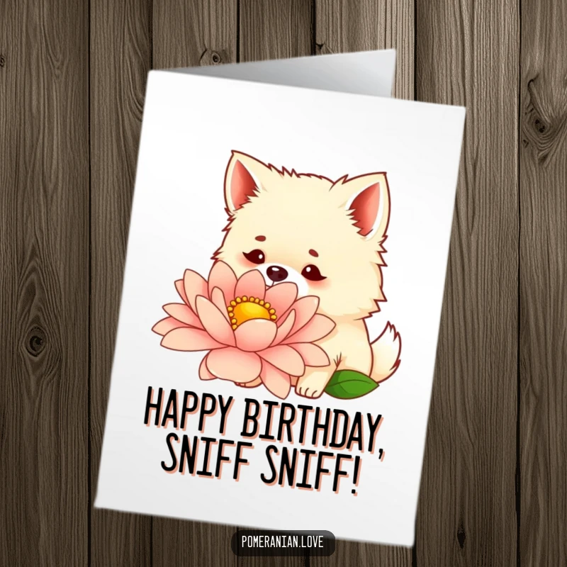 Funny free printable birthday card featuring a curious Pomeranian sniffing a giant flower with perked ears.