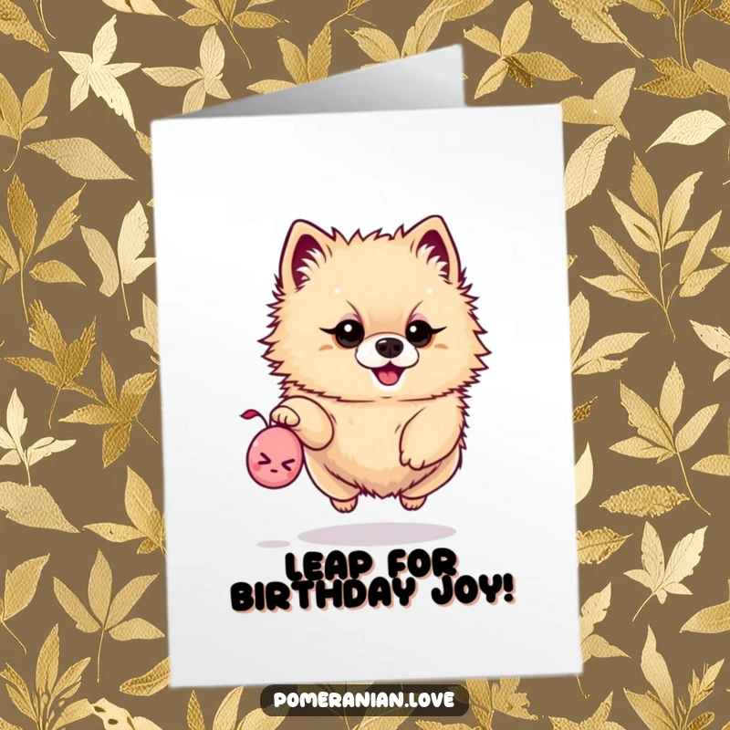 Funny free printable birthday card featuring a determined Pomeranian leaping for a tiny squeaky toy.