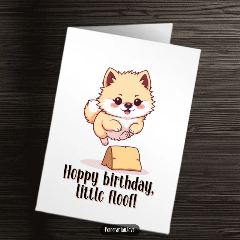Funny Free Printable Pomeranian Birthday Card: Determined pomeranian leaping over an obstacle, celebrating with energy.