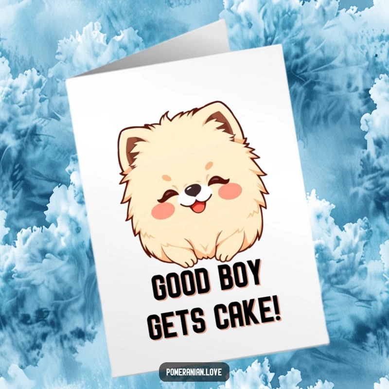 Funny Free Printable Birthday Card featuring a happy Pomeranian getting a delightful head scratch, perfect for dog lovers.