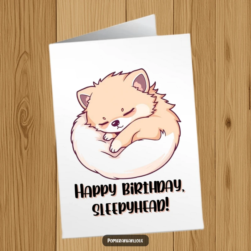 Funny Free Printable Birthday Card: Cute Pomeranian dog sleeping soundly, dreaming sweet birthday dreams, peaceful and cozy.