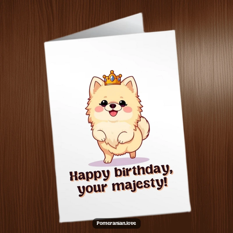 Funny Free Printable Birthday Card: A Pomeranian wearing a crown, prancing with royal joy.