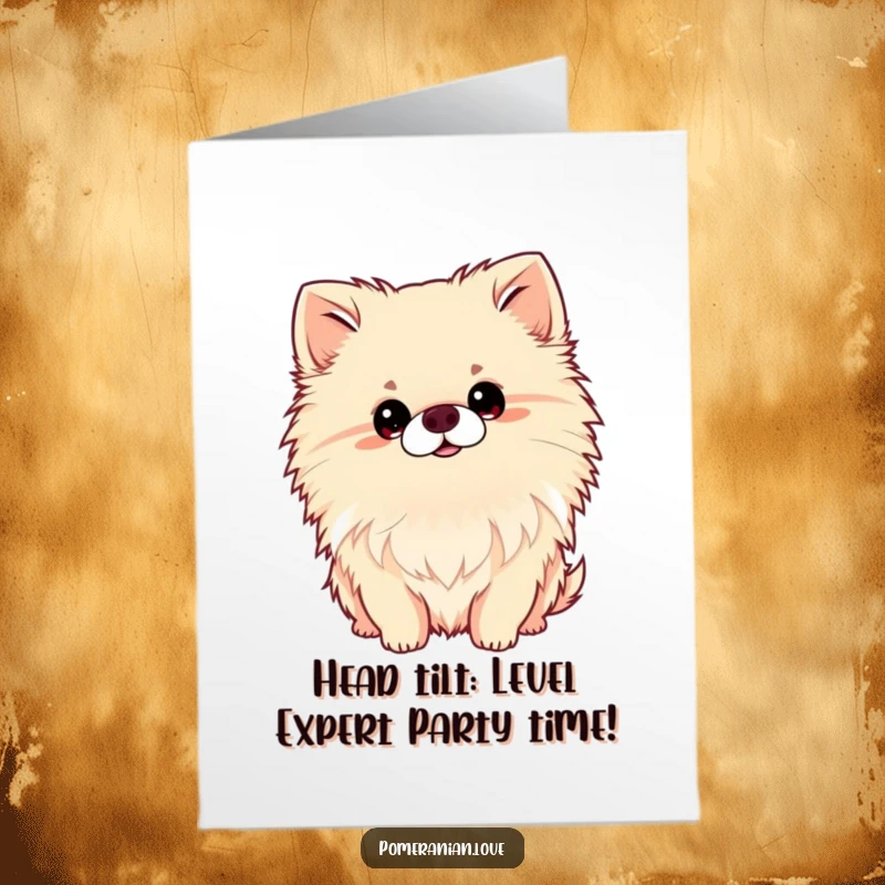 Funny Free Printable Birthday Card: Curious Pomeranian tilting head playfully, ready for a birthday surprise.