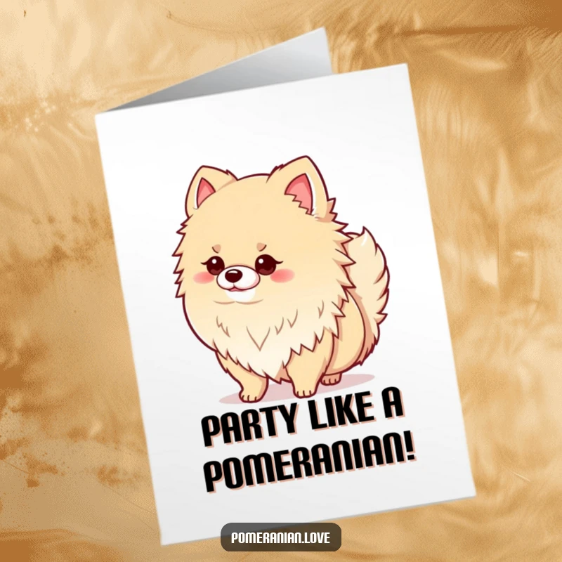 Funny Free Printable Birthday Card: Proud fluffy Pomeranian dog standing tall, enthusiastically shaking its tail, celebrating a birthday.