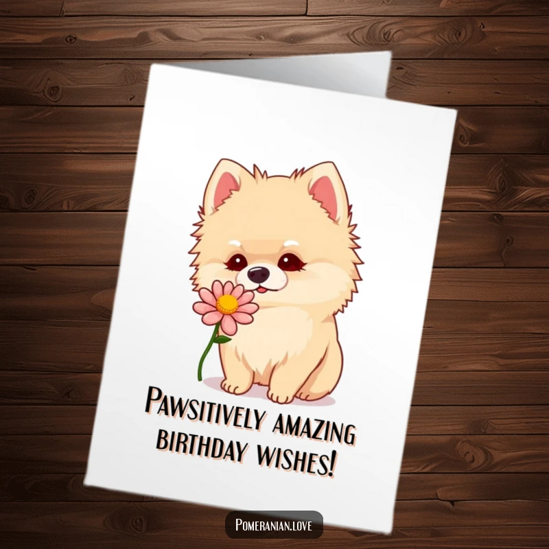 Funny Free Printable Birthday Card featuring a curious Pomeranian dog with head tilt sniffing a vibrant flower.