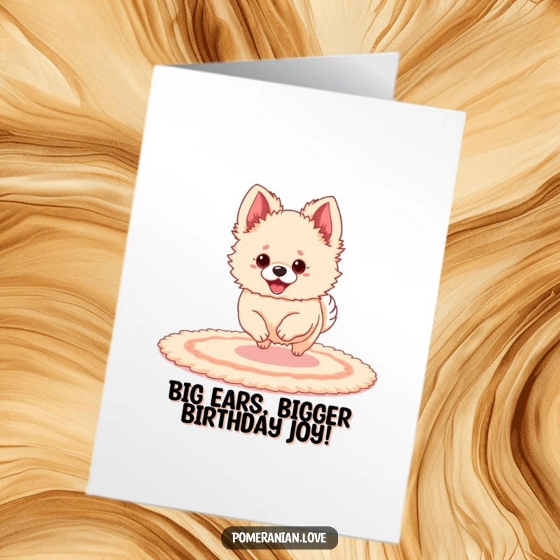 Funny Free Printable Birthday Card featuring a Pomeranian with giant ears bouncing energetically on a rug.