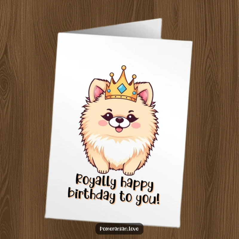 Funny Free Printable Birthday Card with a fluffy Pomeranian wearing a tiny crown, looking majestic and joyfully happy.