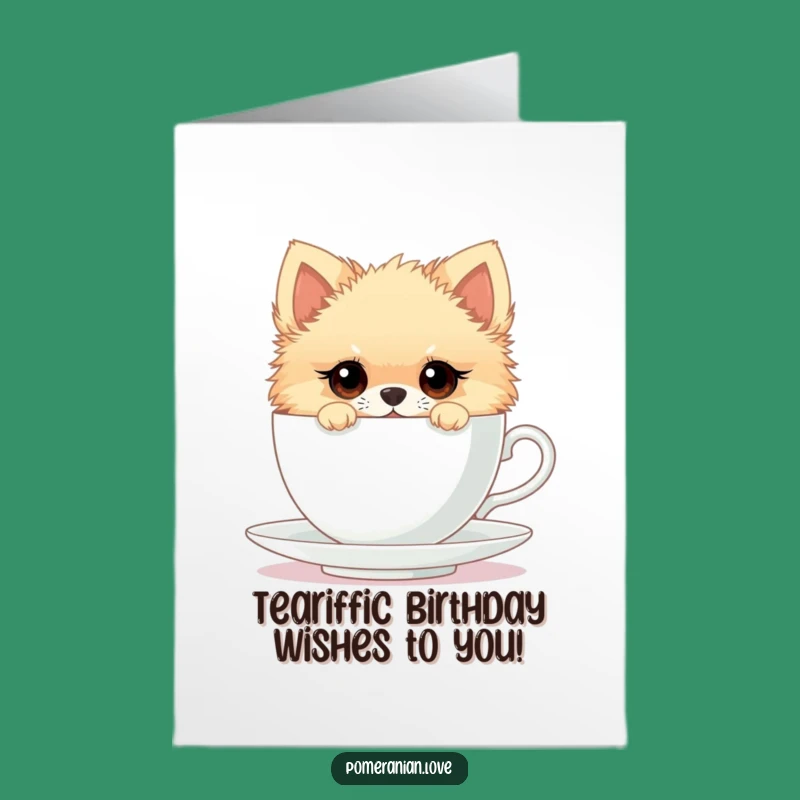 Free Printable Pomeranian Birthday Card: Curious Pup Teacup Surprise Downloadable Gift