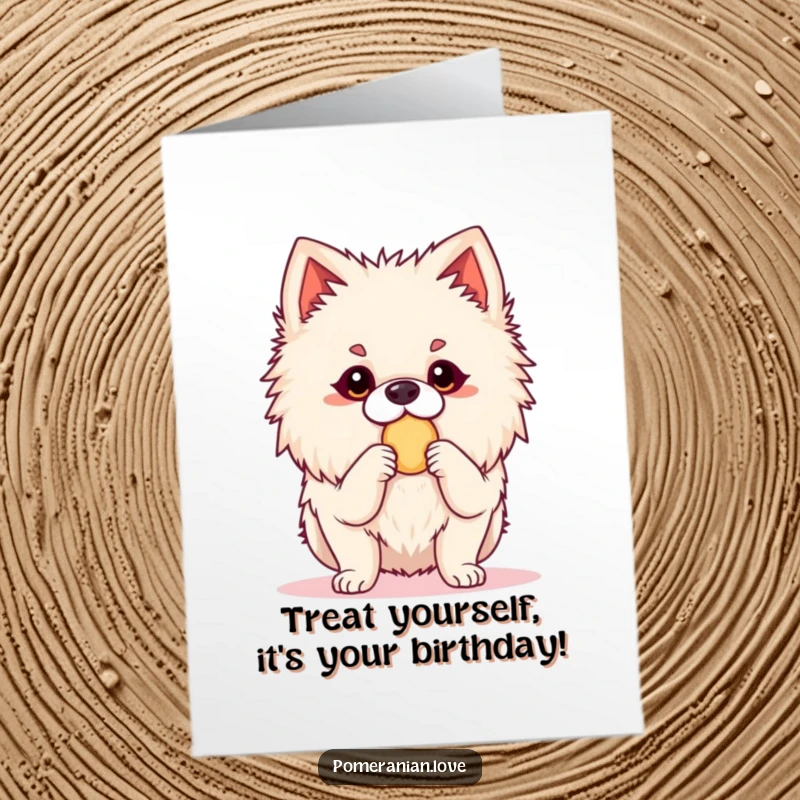 Funny Free Printable Birthday Card: An alert Pomeranian stands poised, eyes fixed, eagerly awaiting a delicious treat.