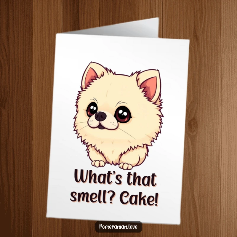 Funny Free Printable Birthday Card: Curious Pomeranian tilting its head, looking up with wide, innocent eyes, full of wonder.