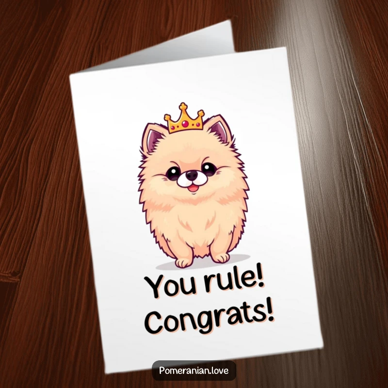 Funny free printable congratulations card with a proud Pomeranian dog wearing a tiny crown for their victory.