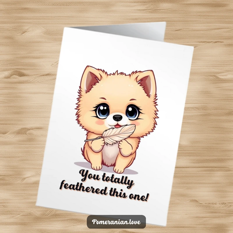 Funny Free Printable Congratulations Card: Pomeranian with big, bright eyes joyfully playing with a feather, celebrating wins.