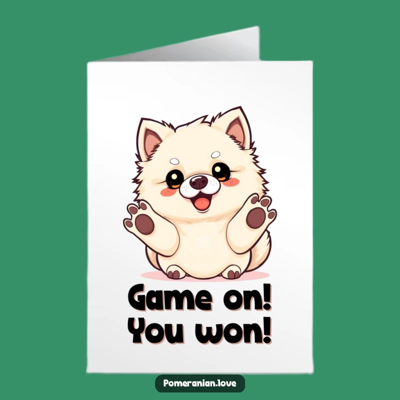 Free Printable Congrats Card: Playful Pomeranian Fetching Success - Downloadable Cheer
