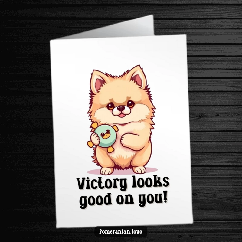 Funny Free Printable Congratulations Card: A proud Pomeranian dog proudly holding a colorful squeaky toy in its mouth.