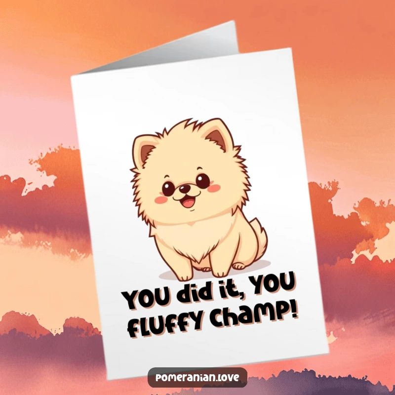 Funny Free Printable Congratulations Card showing a happy Pomeranian dog with a fluffy mane, exuding pure joy.