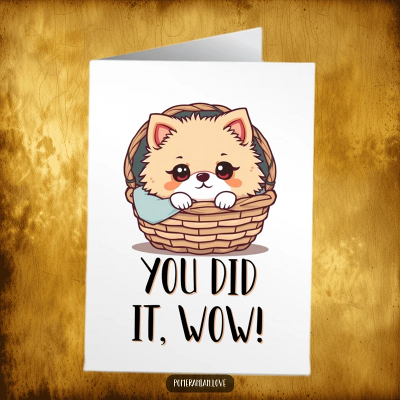 Funny Free Printable Pomeranian Congratulations Card: Expressive-eyed pomeranian peeking from a basket, capturing sweet achievement.