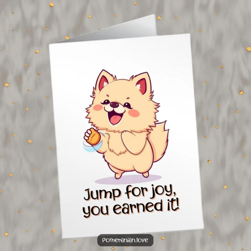 Funny Free Printable congratulations card showing an excited pomeranian leaping high for a coveted treat.