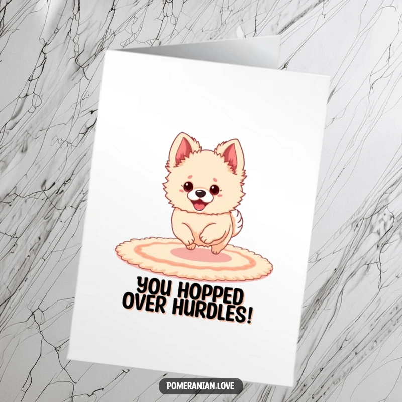 Funny Free Printable Congratulations Card of a Pomeranian with oversized ears playfully bouncing on a rug.