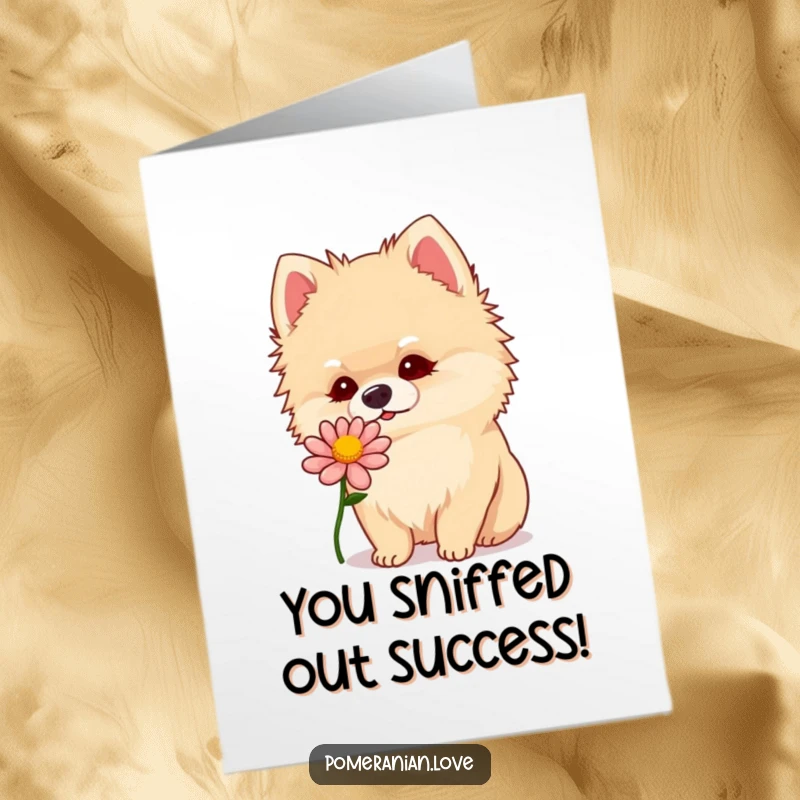 Funny Free Printable Congratulations Card showing a cute Pomeranian dog curiously sniffing a colorful flower.