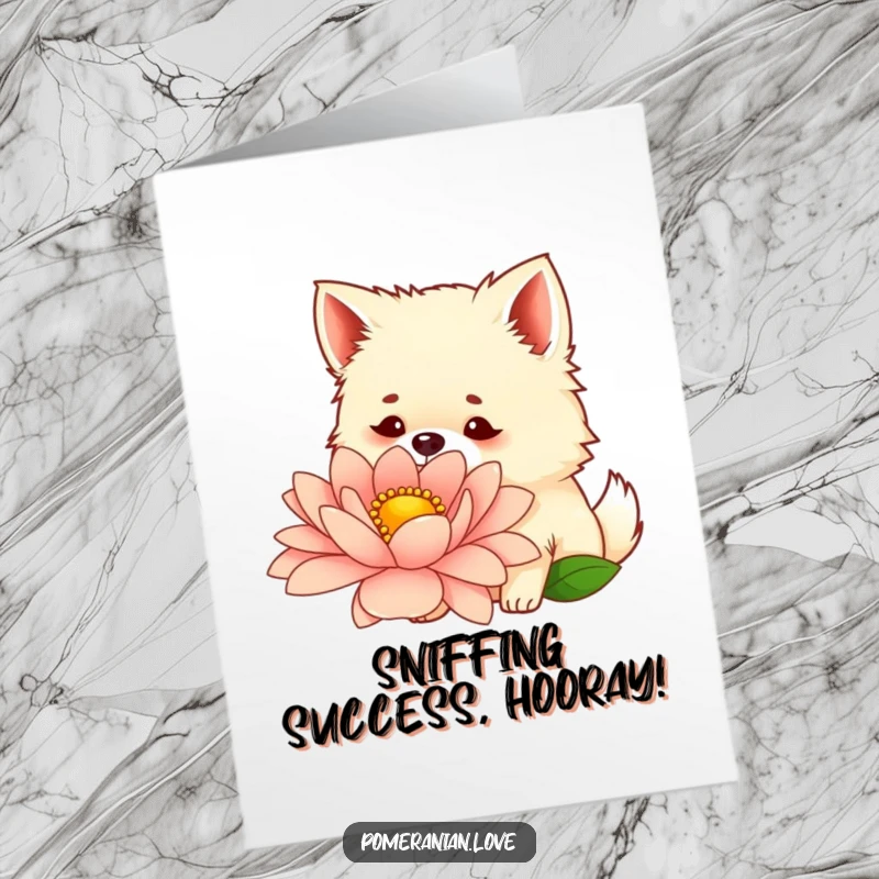 Funny free printable congratulations card showing a curious Pomeranian dog sniffing a giant colorful flower.