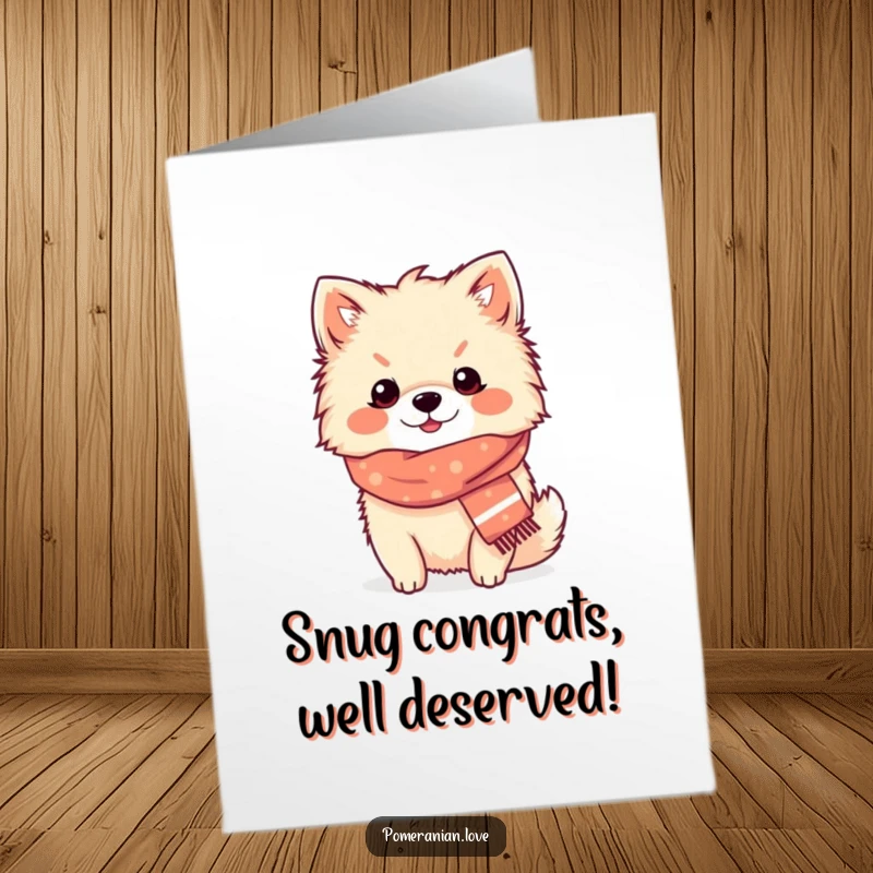 Funny Free Printable Congrats Card: Cozy Pomeranian in a scarf, content dog celebrating, stylish art