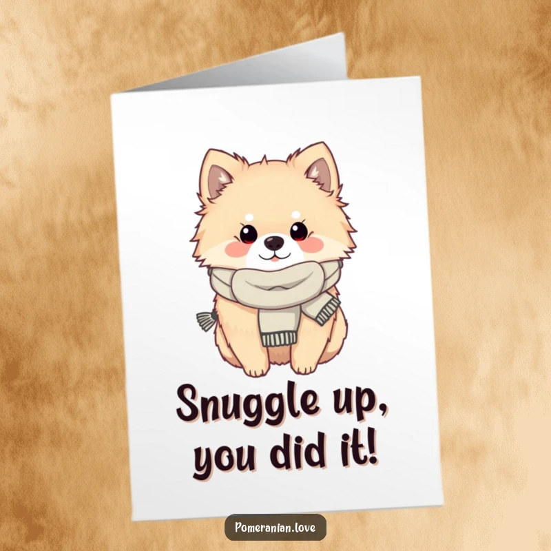Funny Free Printable Pomeranian Congratulations Card: A cozy Pomeranian in a scarf, celebrating your success with warm wishes.