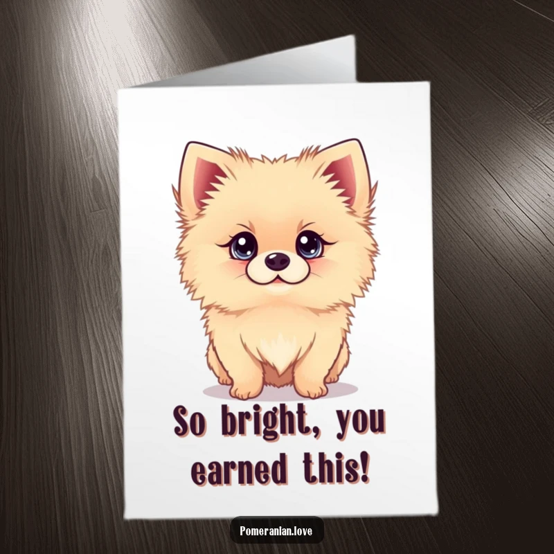 Funny Free Printable congratulations card featuring a pomeranian with captivating, bright eyes looking upwards.