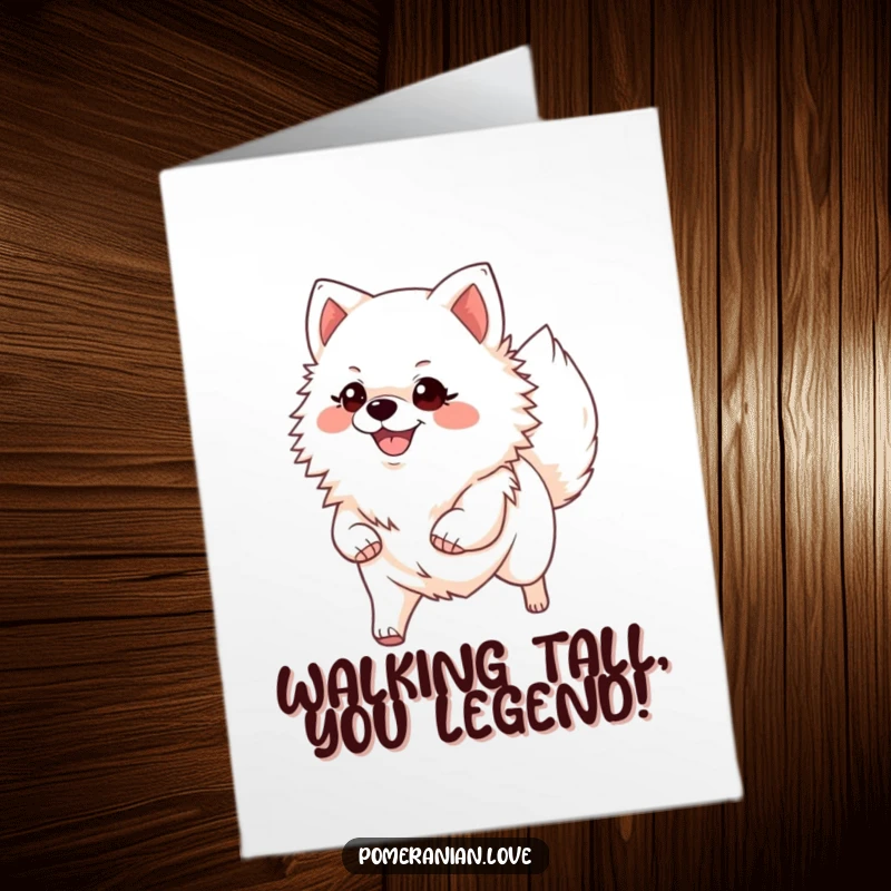 Funny Free Printable Congratulations Card: A smiling Pomeranian trotting confidently with its tail held high, ready to celebrate.