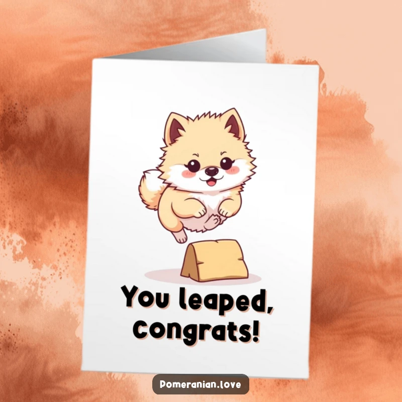 Funny Free Printable Pomeranian Congratulations Card: Determined pomeranian jumping an obstacle, capturing a moment of victory.