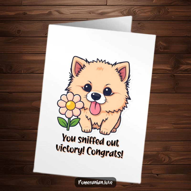 Funny Free Printable Congratulations Card: A curious Pomeranian investigating a flower with its tongue out, celebrating success.
